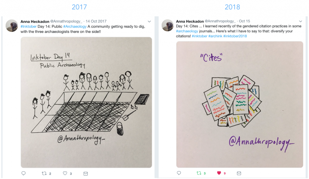 An example of undergraduate student inktobering, from 2017 and 2018 (with permission of Anna Heckadon)